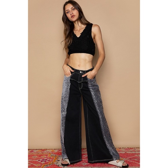 POL Floral Sequin & Velvet Side Stripe Wide Leg Jeans - Picture 12 of 14
